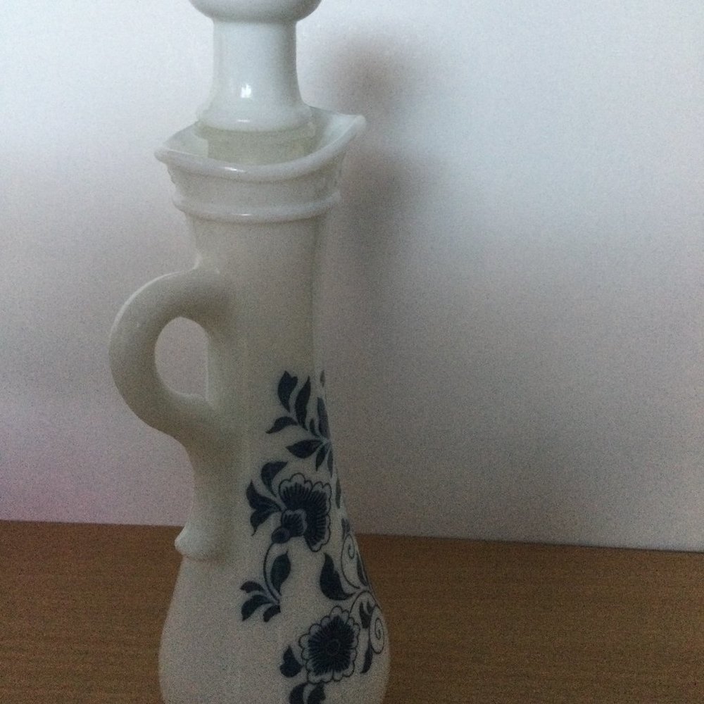 Vintage Avon Delft Blue Milk Glass Cruet Vase Tall Bottle Stopper Empty Bath Oil